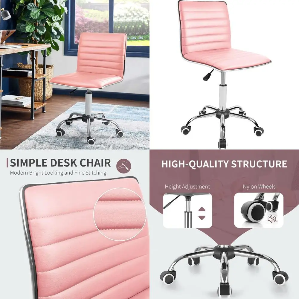 

Compact Swivel Desk Chair with Wheels, Pink Ribbed Leather, Ideal for Makeup Desk or Office Use
