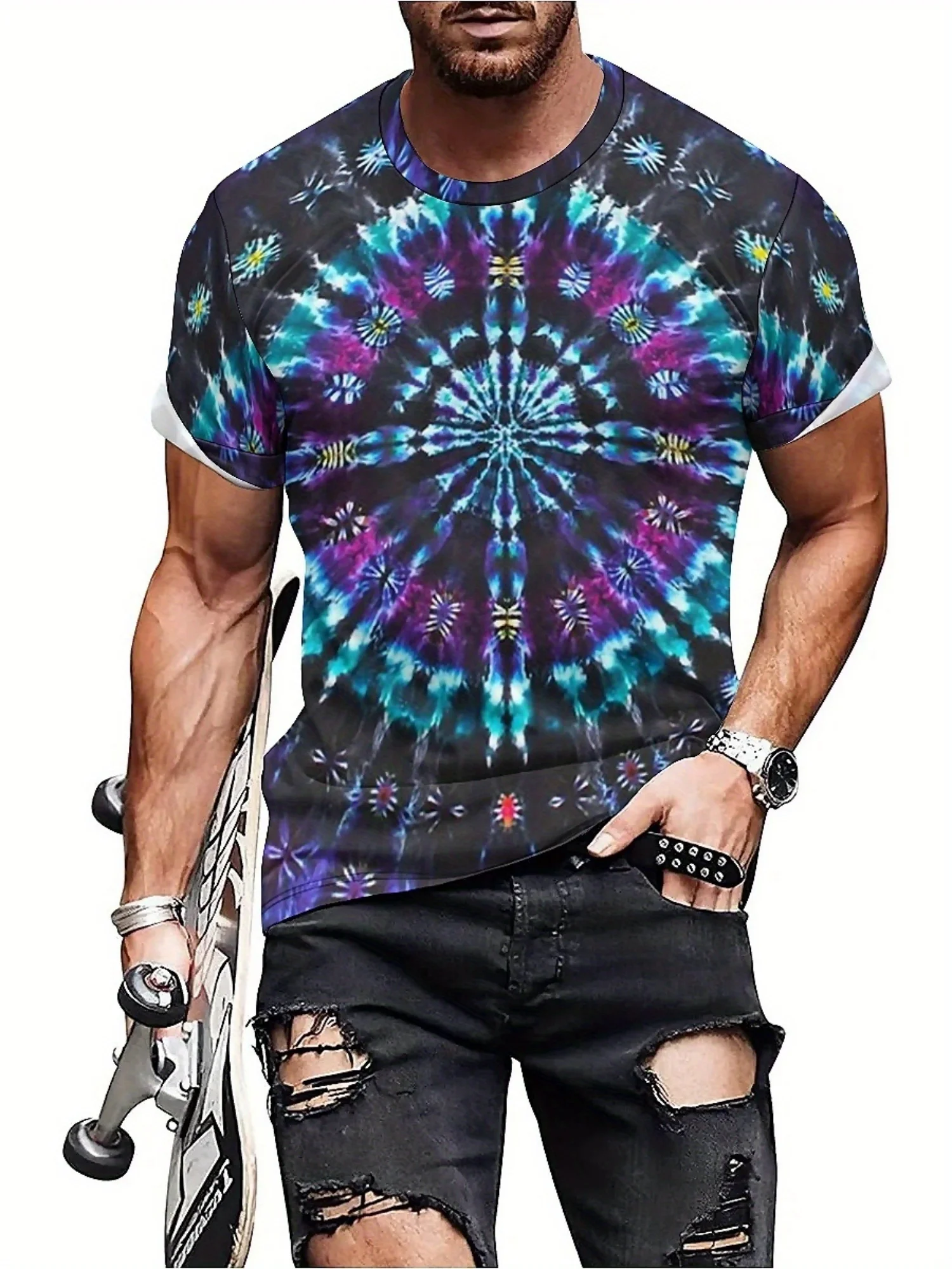 Men's 3D Printed Tie-Dye T-Shirt with Geometric Art Pattern - Vibrant Blue Purple Pink Yellow Green on Black