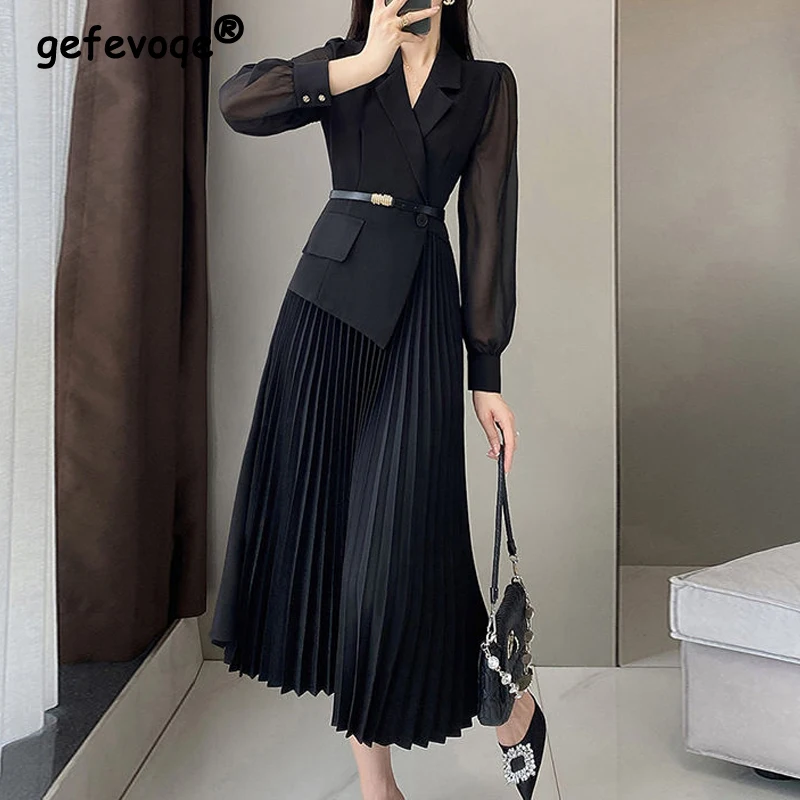 Women\'s Korean Fashion Blazer Patchwork Design Long Sleeve Dresses Office Lady Elegant High Waist Black Slim Pleated Midi Dress