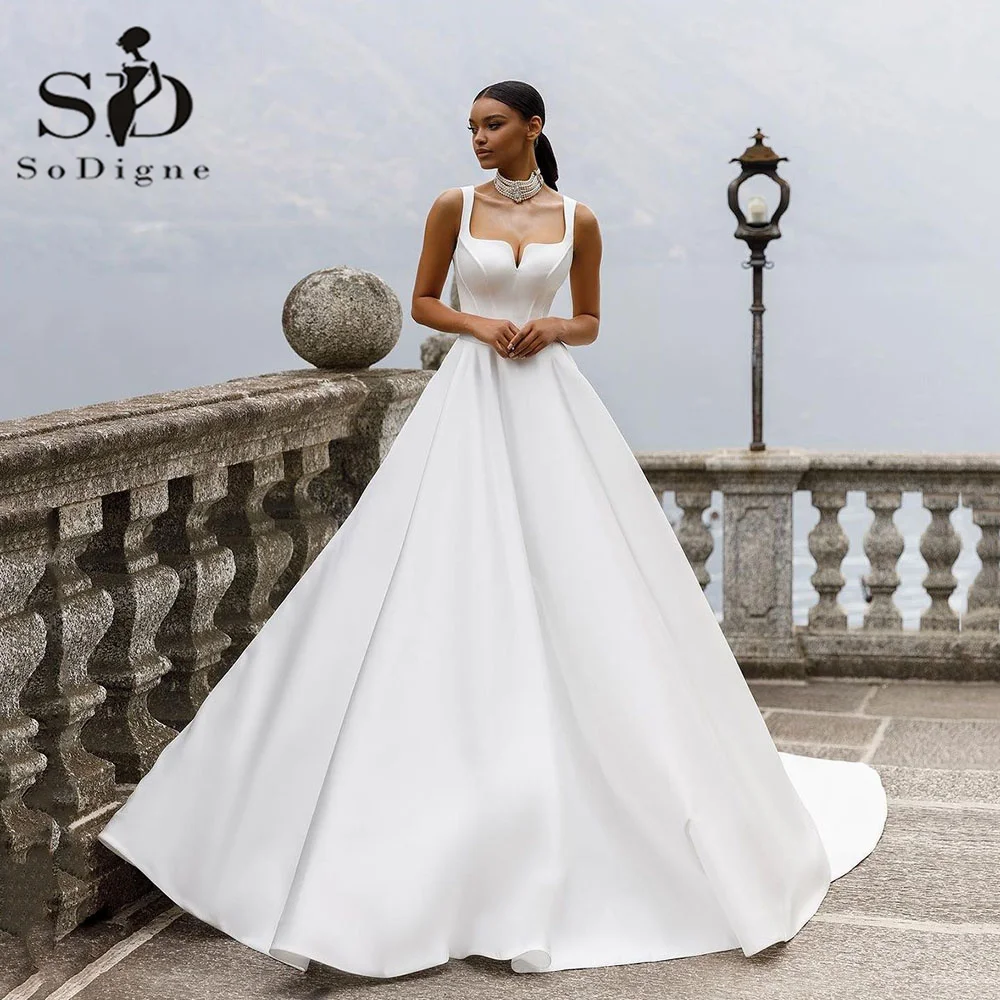 

SoDigne A Line Princess Wedding Dresses Spaghetti strap Satin Modern Bride Dress Simple Corset Long Weddding Gowns Custom Made