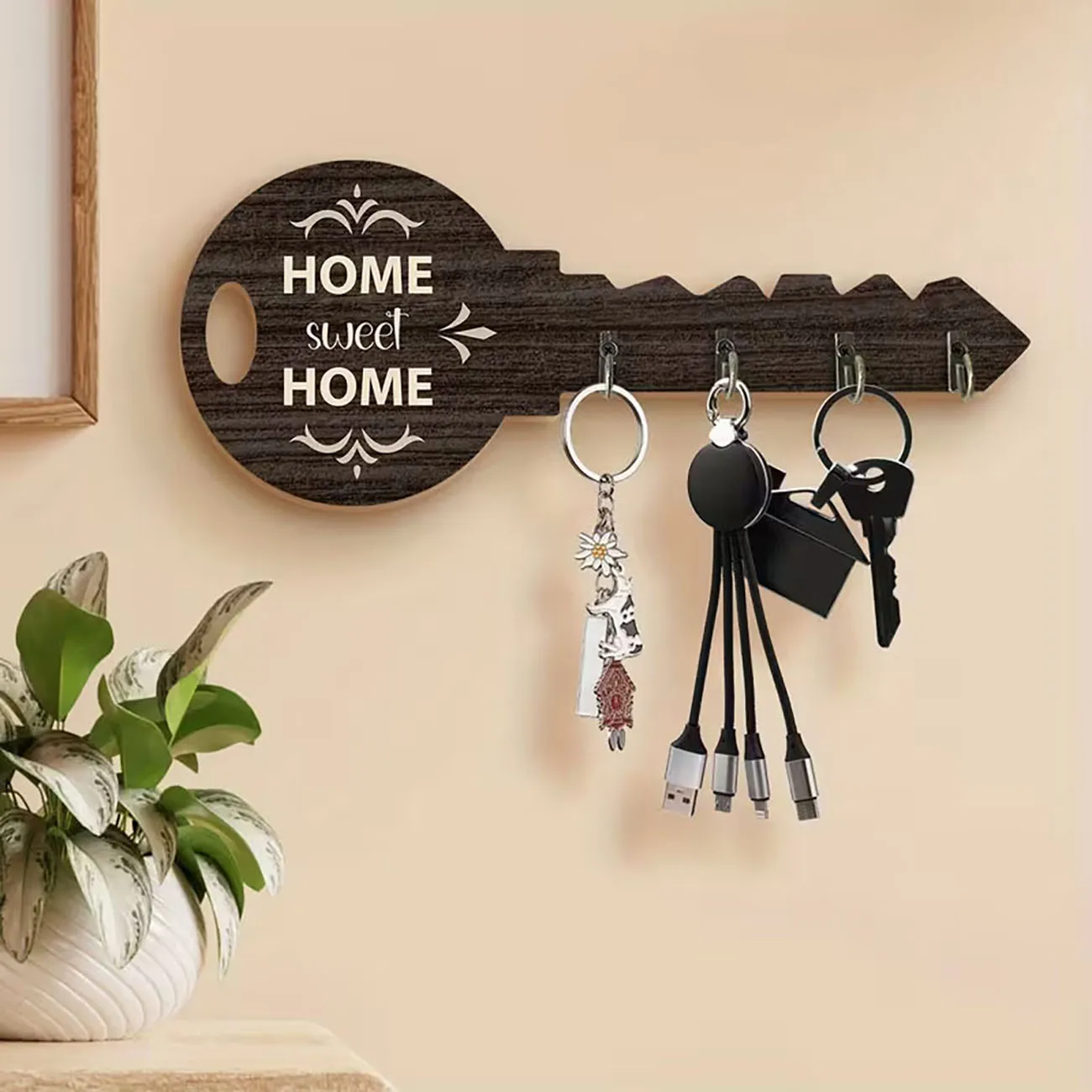 1 Wooden Multifunctional Home Key Holder, 4 Metal Hooks, 2D Graphic Design, Wall Mounted Storage Key Accessories