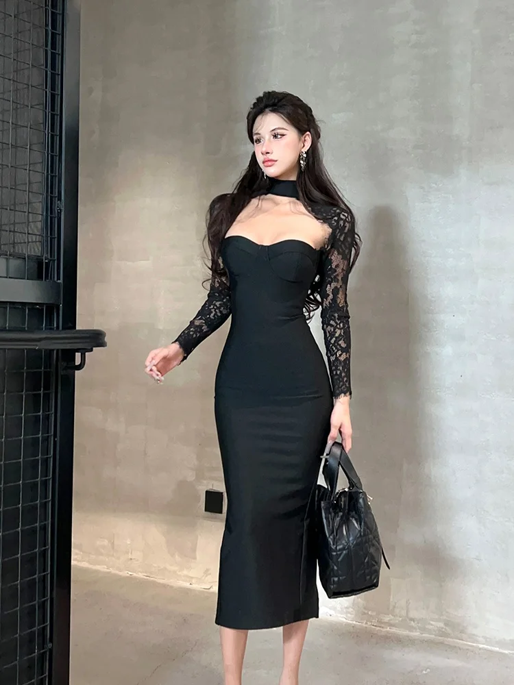 

SYJ Shuyijia Sexy Lace Splice Bodycon Long Dress Women's High Waist Casual Style Floral Hollow out Trendy Long Skirt