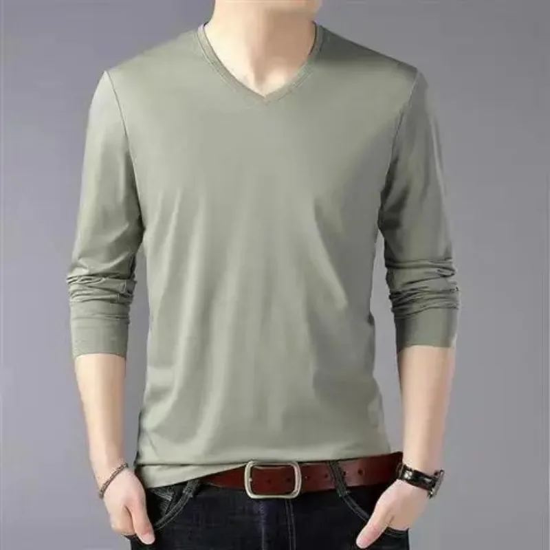 Spring Autumn Men Basic Long Sleeve T-Shirts Streetwear Fashion New Slim V-Neck Versatile Male Clothes Casual Bottoming Tops