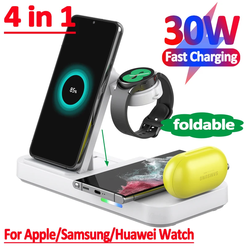 4 in1 30W  Fast Wireless Charger Stand Foldable Charging Station For Apple Watch Samsung Huawei iPhone 14 13 12 Pro Max AirPods