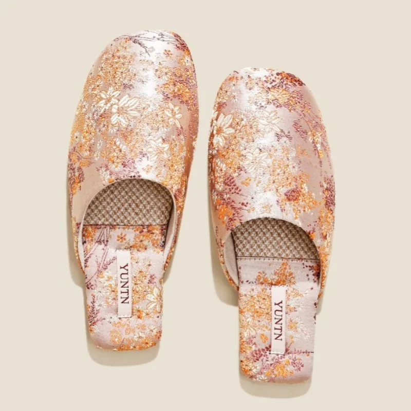 Luxury Satin Embroidered Floral Design House Slippers Women Comfortable Anti-slip Cotton Slippers Fashion Round-Toe Flat Shoes