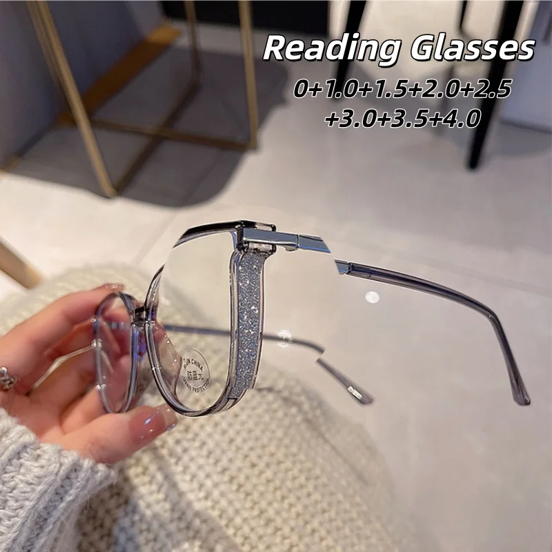 

Women's Luxury Shining Diamond Cutting Reading Glasses Versatile Fashionable Large Frame Blue Light Blocking Eyewear 0 TO +4.0