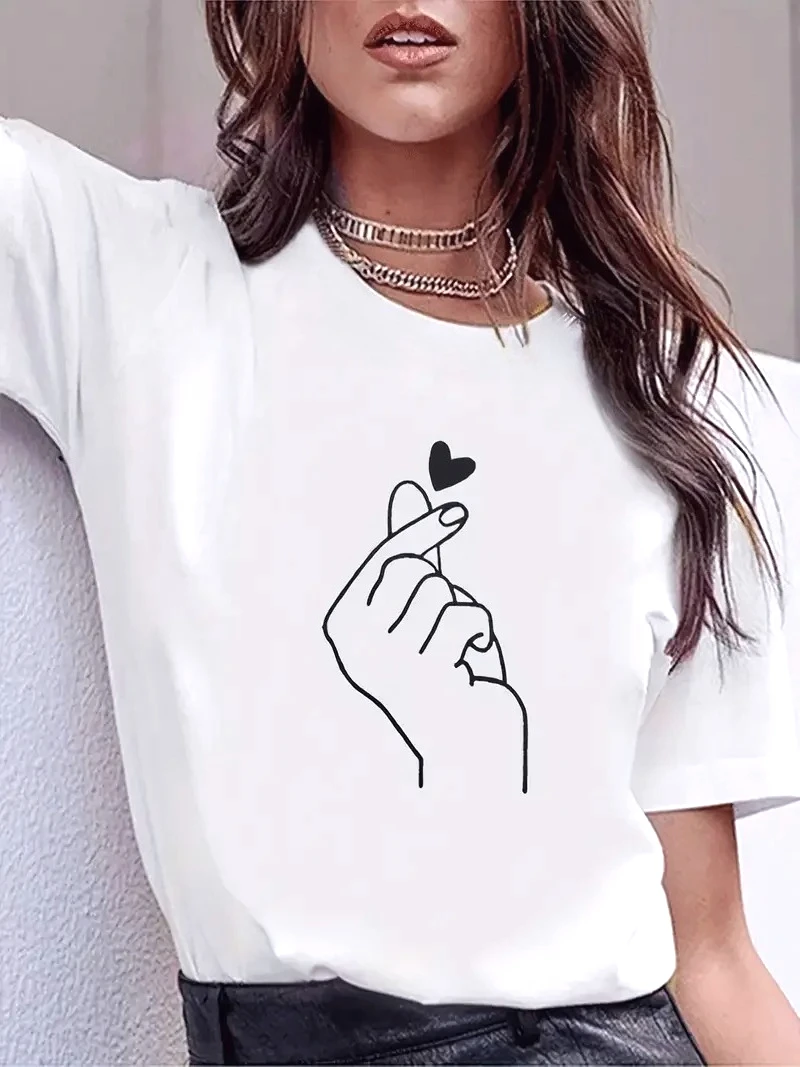 Cute Fingers Heart Print Solid Crew Neck T-Shirt Short Sleeve Casual Every Day Top for All Season,Women's Y2k Oversized Clothing