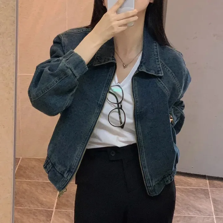 

Chic Retro Zipper Short Denim Jacket Women's Spring 2024 New Small Size Long Sleeve Top Comfortable Fit Collar Color