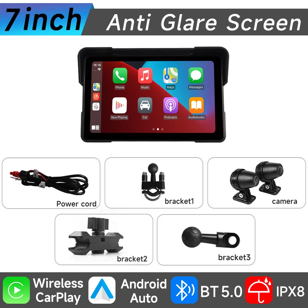 7 "Motorfiets Multimedia Speler GPS Navigatie Recorder Draadloze CarPlay Android Auto IP67 Waterdicht Scherm Bluetooth 2024 Nieuwe
