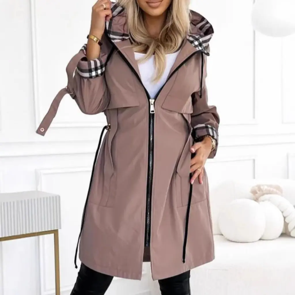 

Autumn/Winter Hooded Plaid Print Casual Long Windbreaker Coat for Women European American Style Independent Station