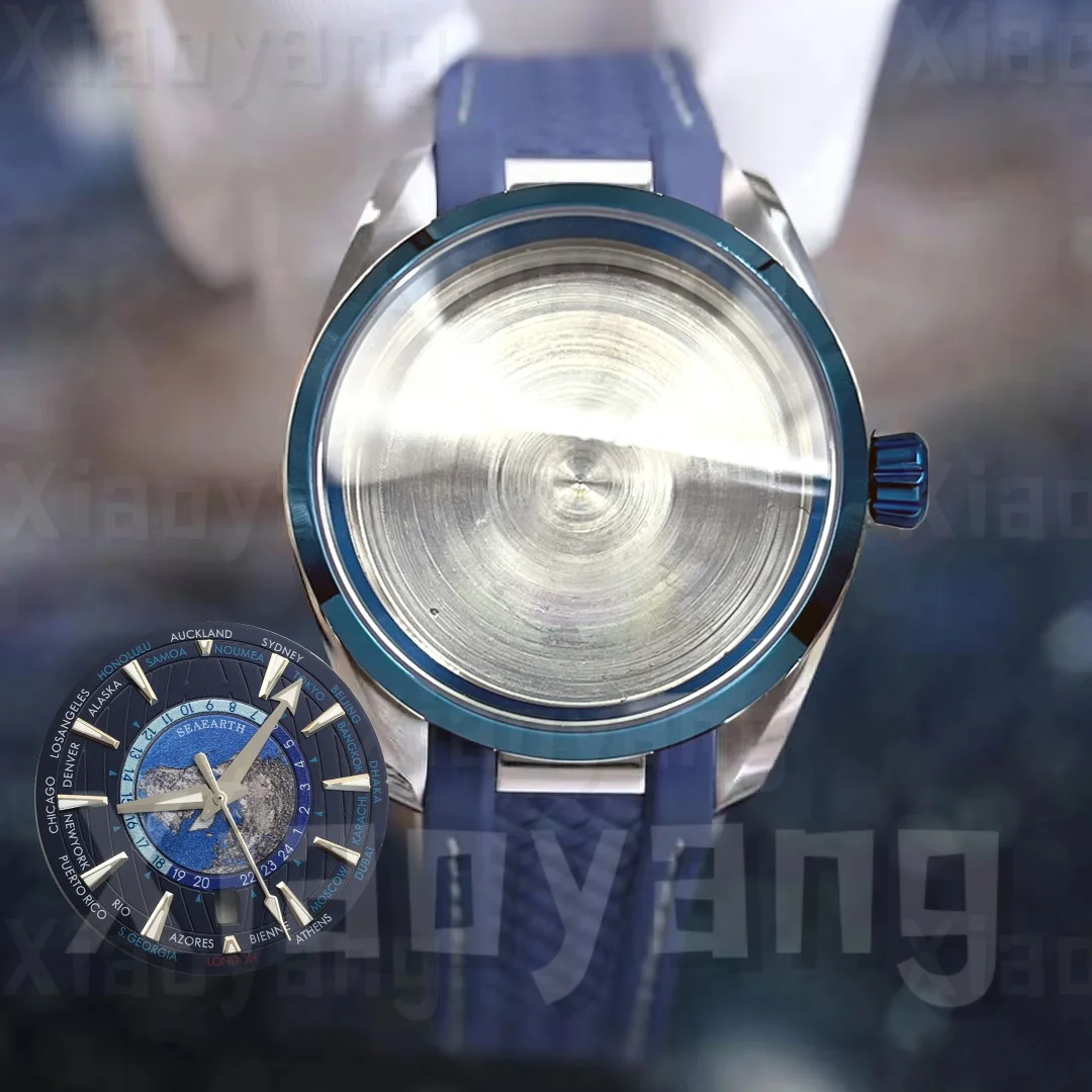 40MM Polished NH35 Sapphire Watch Case Blue PVD Bezel Blue Rubber Strap Dial Hand Sets Fit For AT150 Style Watch Modified Parts