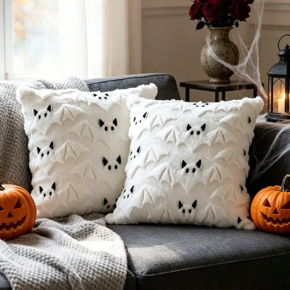 1pc 18x18 Inch 3D Embroidered Ghost Pumpkin Faux Rabbit Fur Plush Pillow Cover, Soft Cozy Pet Friendly Cute Minimalist Scandinavian Neutral Versatile Cushion Cover, For Halloween Ghost Party Fallsf25070408854849060