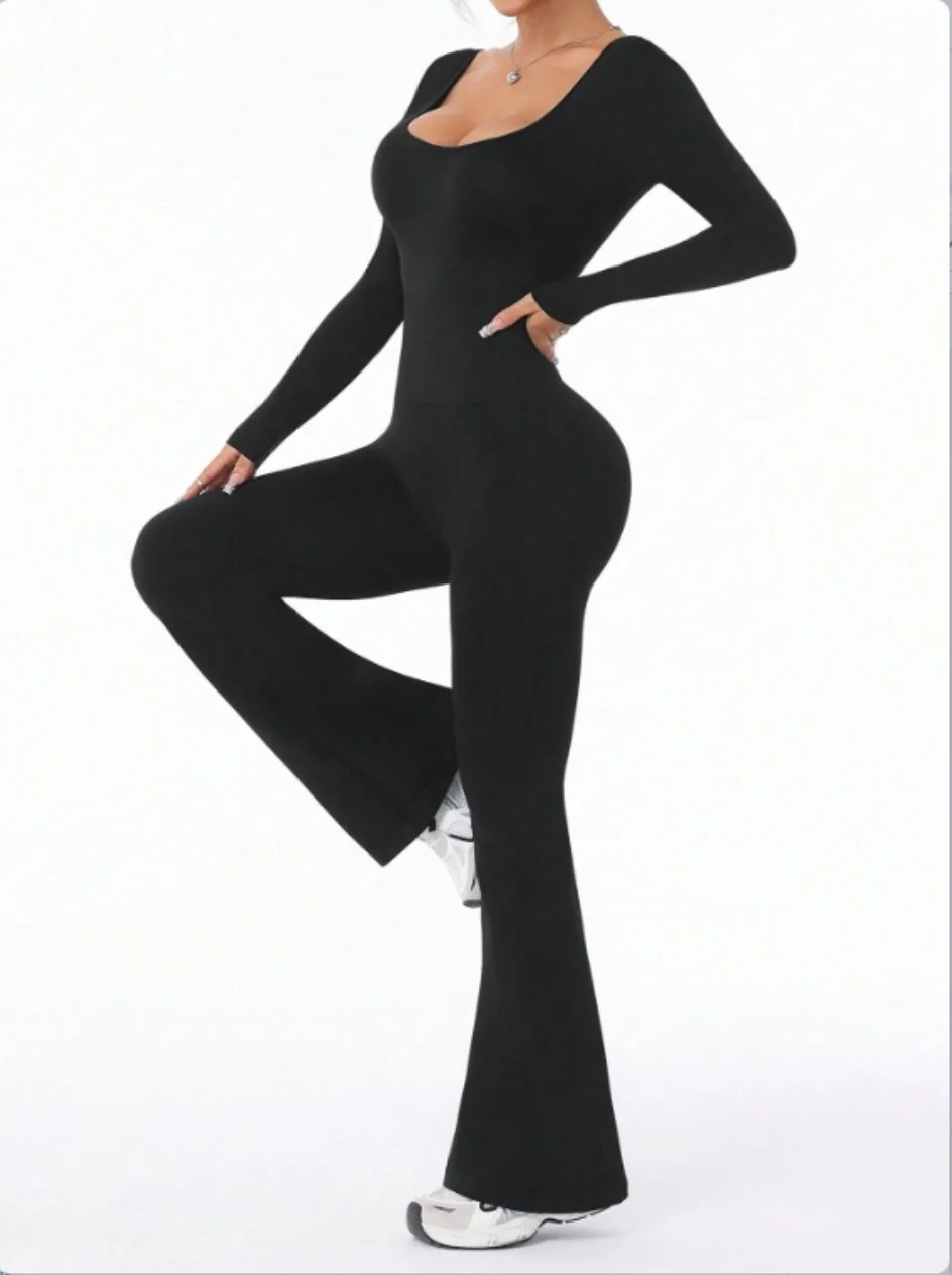 High quality solid color long sleeved compression exercise jumpsuit women's sportswear bell bottom pants sexy push up yoga set image 5