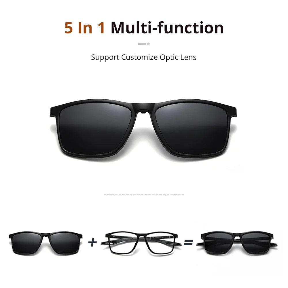 Ralferty TR90 5 In 1 Magnetic Sunglasses Men Women Clip On Glasses Polarized Anti Blue Light Square Optical Frame Night Driver