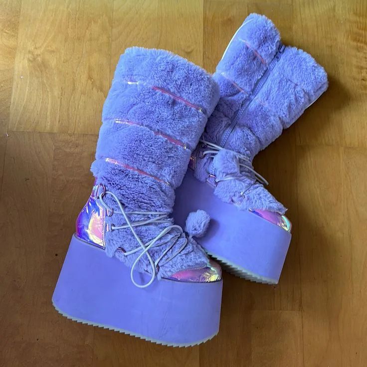 Plüschfell-Gürtelschnallen-Stiefel mit runder Spitze, kniehoh, Plateau, Winter, Damen-Schneestiefel, Slip-On-Design, große Größe, personalisierte Schuhe