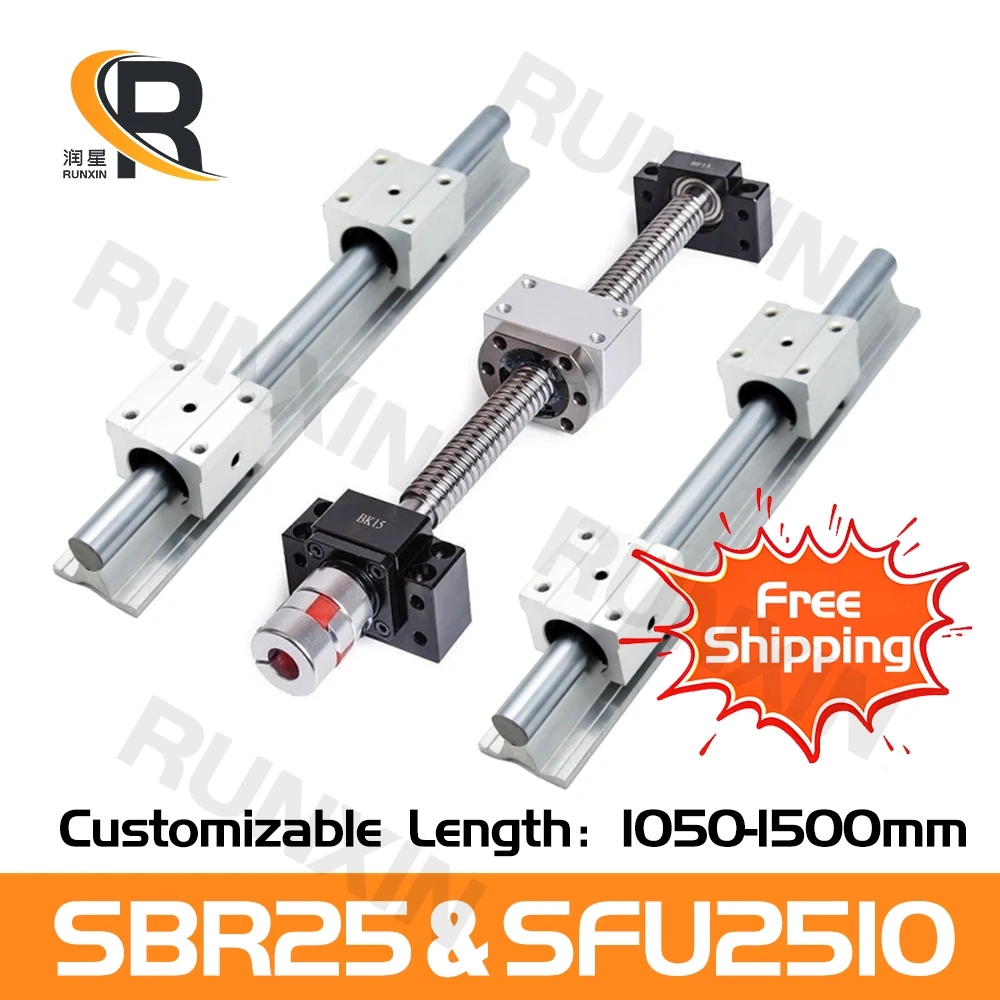 

RXTNC 1050-1400mm ball screw kit 2pcs SBR25 Linear Guides with 4pcs SBR25UU slider blocks+1 Kit SFU2510 for CNC Router Engraving