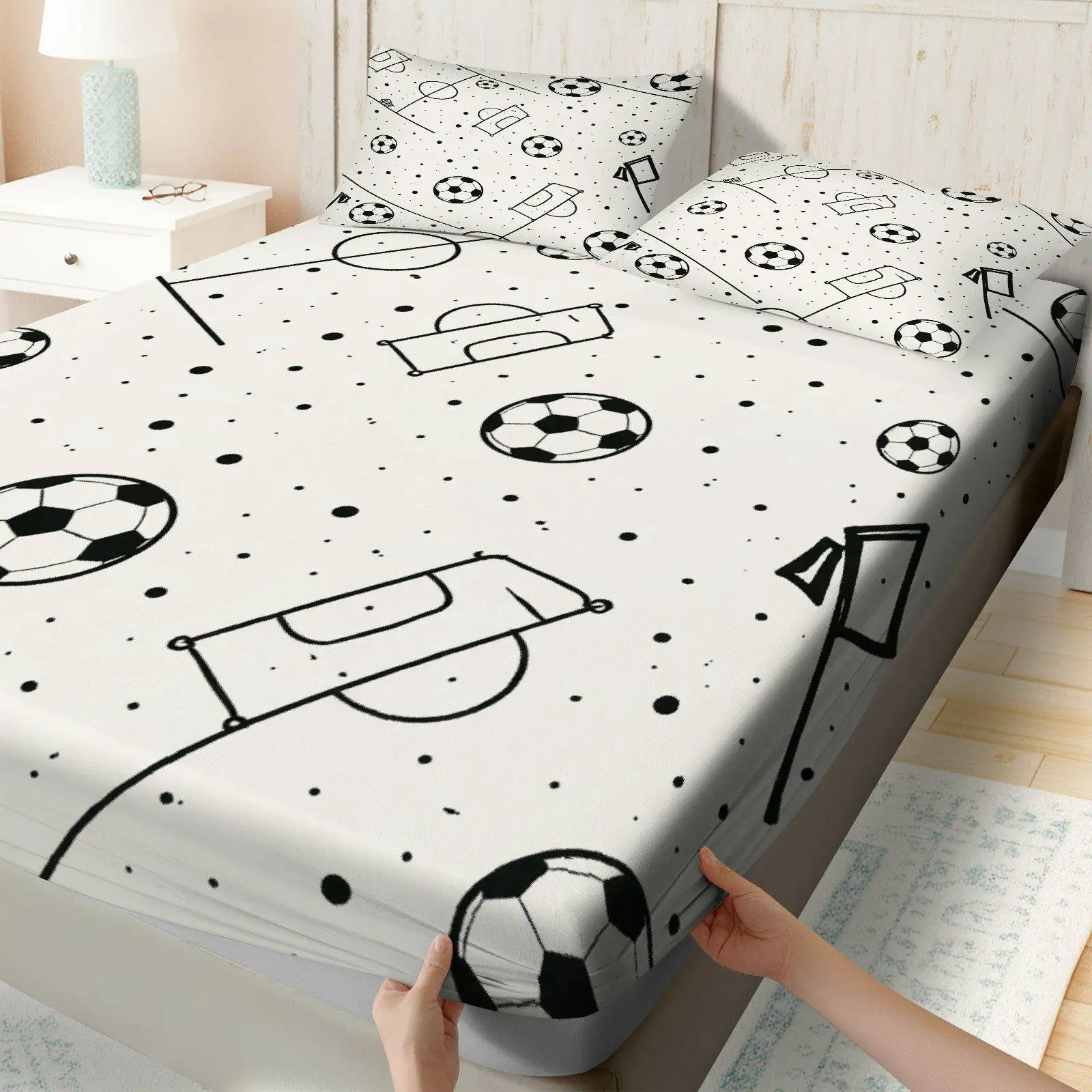 Digital Print Bed Sheet Set, Football Field Pattern Bed Sheet Set, Sports Bedding, Mattress Protector, Large Deep Pocket 2D Printed Bed Sheet and 2 Pillowcases, Mattress Protector, Fitted Sheet with Elastic Band, Protective Cover, Mattress Protector, Suitable for All Seasons, Machine Washable Design, Holiday Decoration, Various Sizes, Breathable Protective Cover with Pillowcase