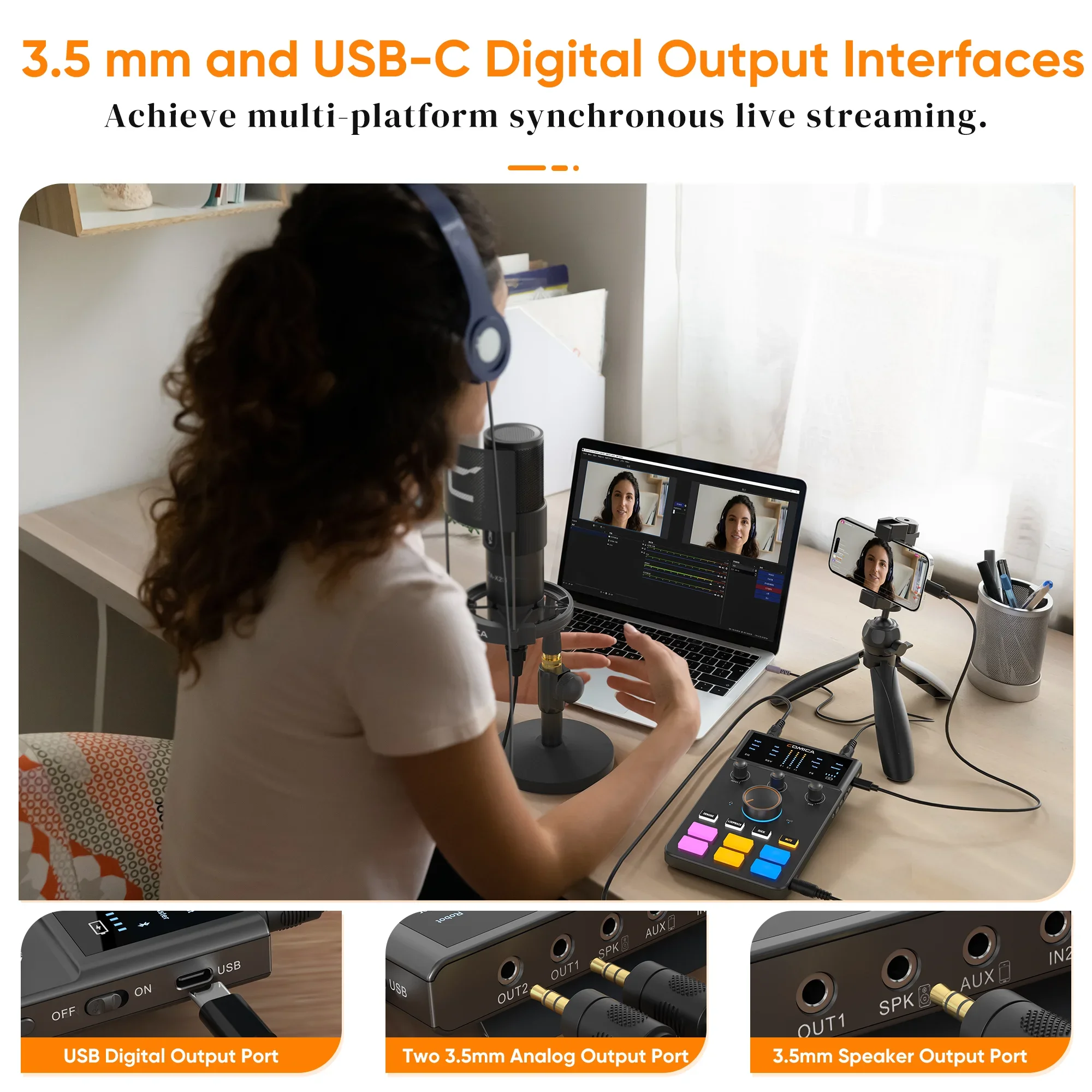 Interface de áudio Comica ADCaster C1, conexão Bluetooth para streaming/jogos/podcasting, placa de som para iMAC iPhone Android