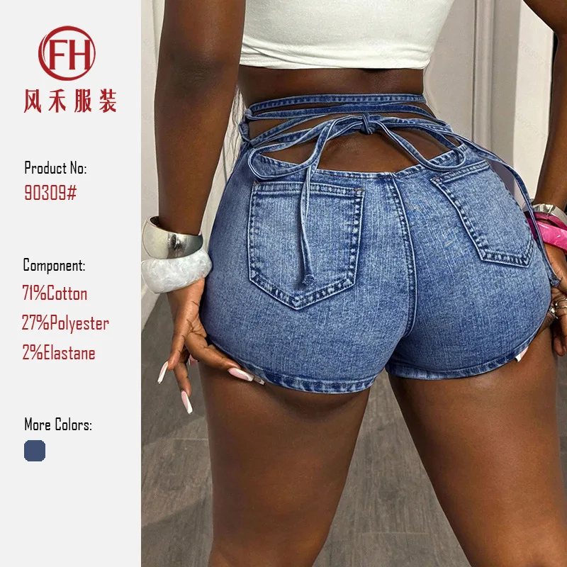 

2026 Summer New Arrival High Waist Hollow Out Lace Up Women Denim Shorts Hot Sale Jeans Shorts