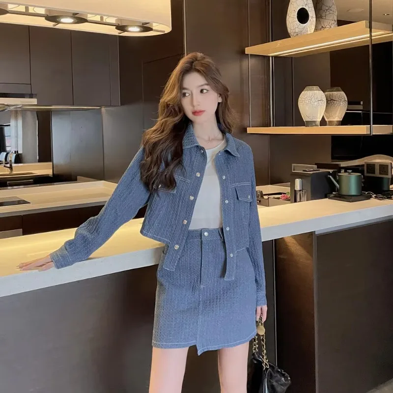 Insozkdg Spring Autumn Elegant Denim Skirt Suits Chic Style Irregular Long-sleeved Jacket + A-line Skirt Two-piece Set Women's