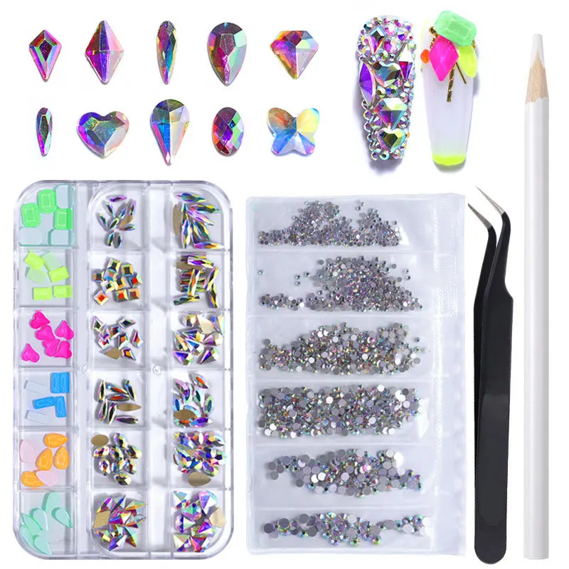 AB Cristal Rhinestones Set, DIY Nail Art Decorações, Flatback Gems para Artesanato, Caixa de 12 Grelhas