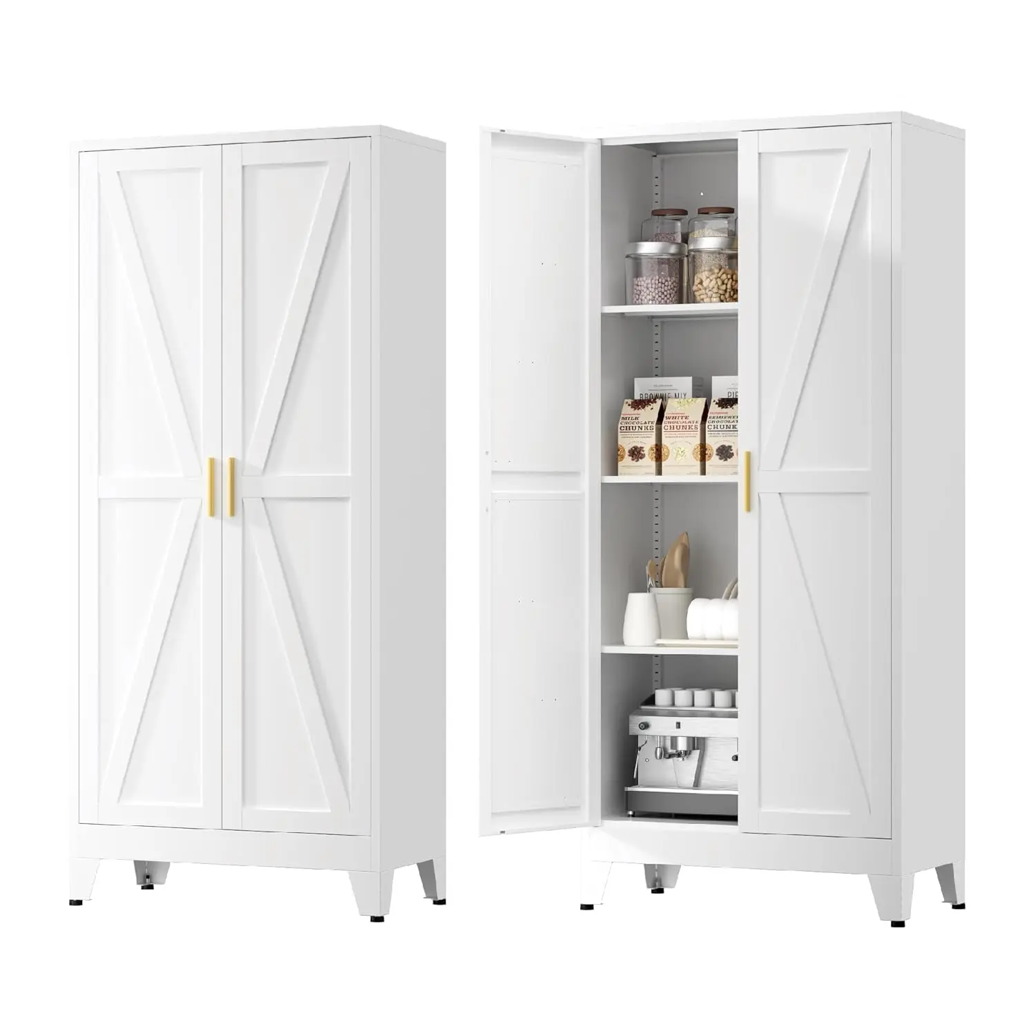 

61" H x 27.5" W Metal Pantry Cabinet Adjustable 4-Tier Shelves Kitchen Dining Garage Office White, Customized