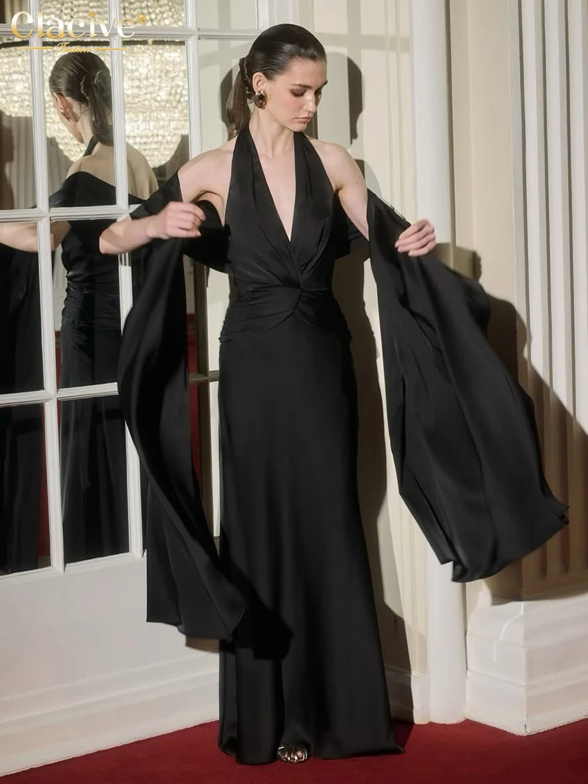 

Элегантное классическое женское платье Clacive 2026: модное черное атласное макси-платье без рукавов с открытой спиной и воротником-халтер
