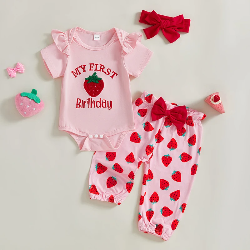 

BeQeuewll, комплект из 3 предметов для маленьких девочек на первый день рождения, комбинезон с короткими рукавами и вышивкой клубники, штаны и повязка на голову, комплект для младенцев