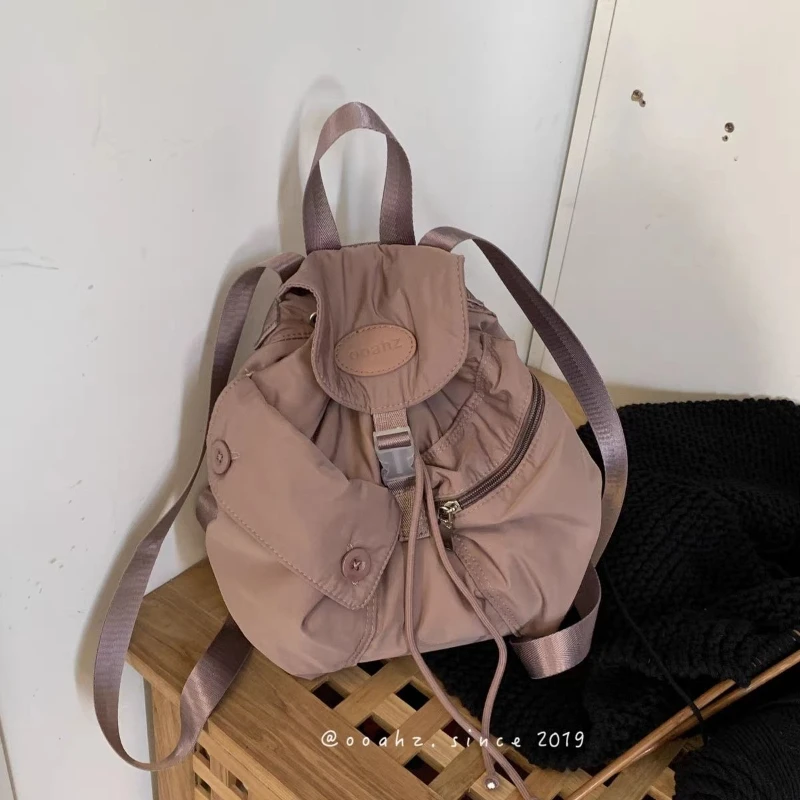 2026 New Bag Girl Small Backpack Nylon Drape Multi-pocket Drawstring Backpacks Water Resistant Bagpack Women Package
