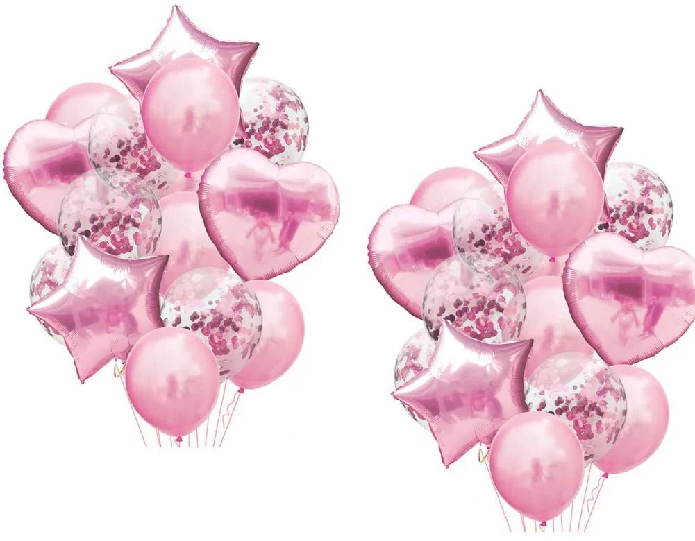 28 Stück rosa Ballon, alles Gute zum Geburtstag, Partydekorationen für Frauen, rosa Konfetti-Luftballons, 45,7 cm Stern-Herz-Folienballons