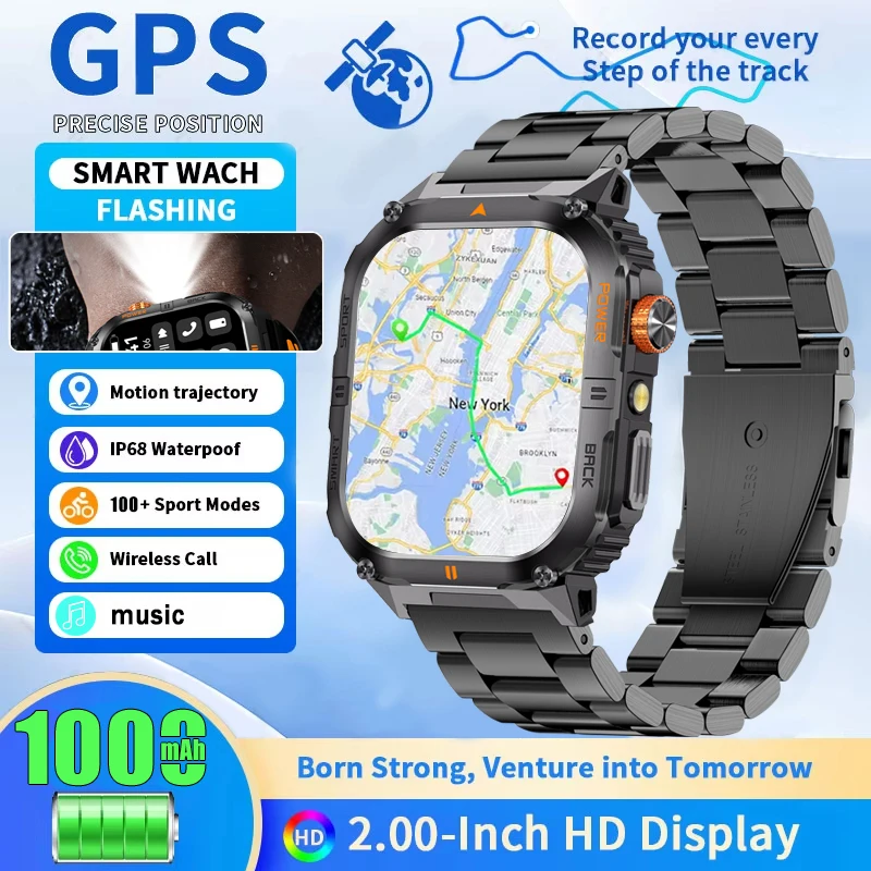 

2026 New Men Military Built in GPS SmartWatch 1000mAh Large Battery IP68 Waterproof LED flashlight HD Bluetooth Call Smartwatch