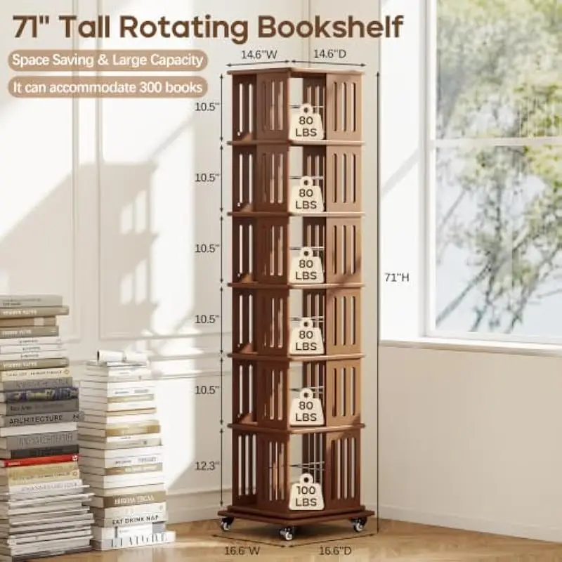 6-Tier Bamboo Rotating Bookshelf Tower 71 Inches Tall with 360-Degree Swivel Base and Locking Casters for Office or Living Space