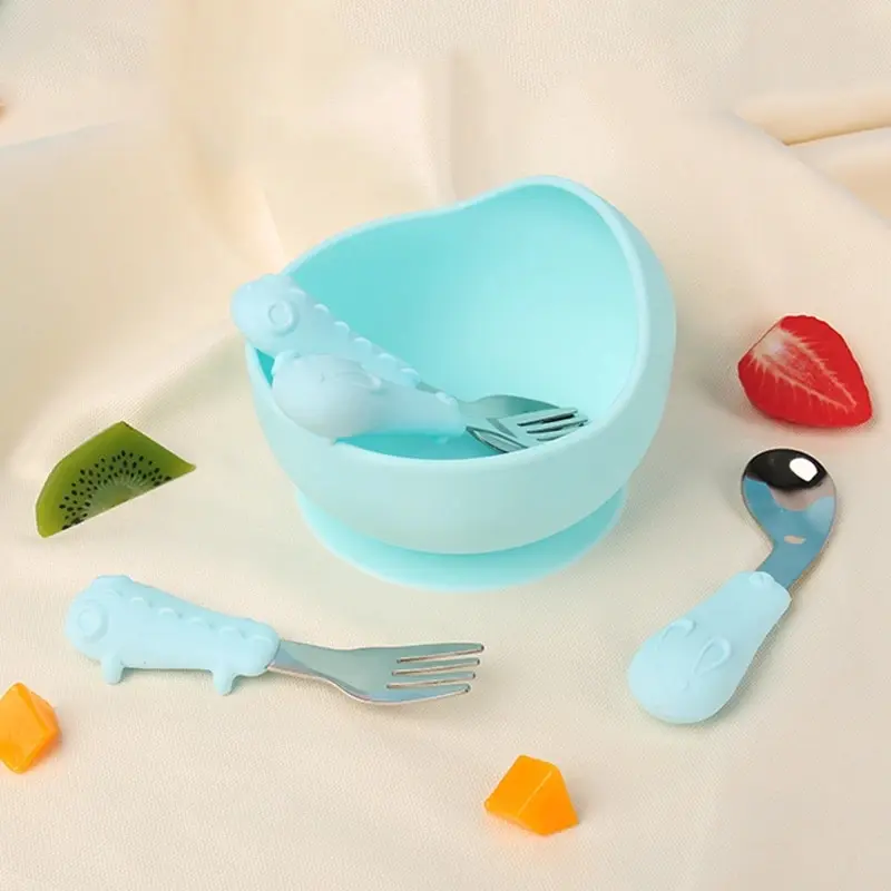 Baby Silicone Bowl, Wooden Handle, Spoon Tableware Set, Feeding