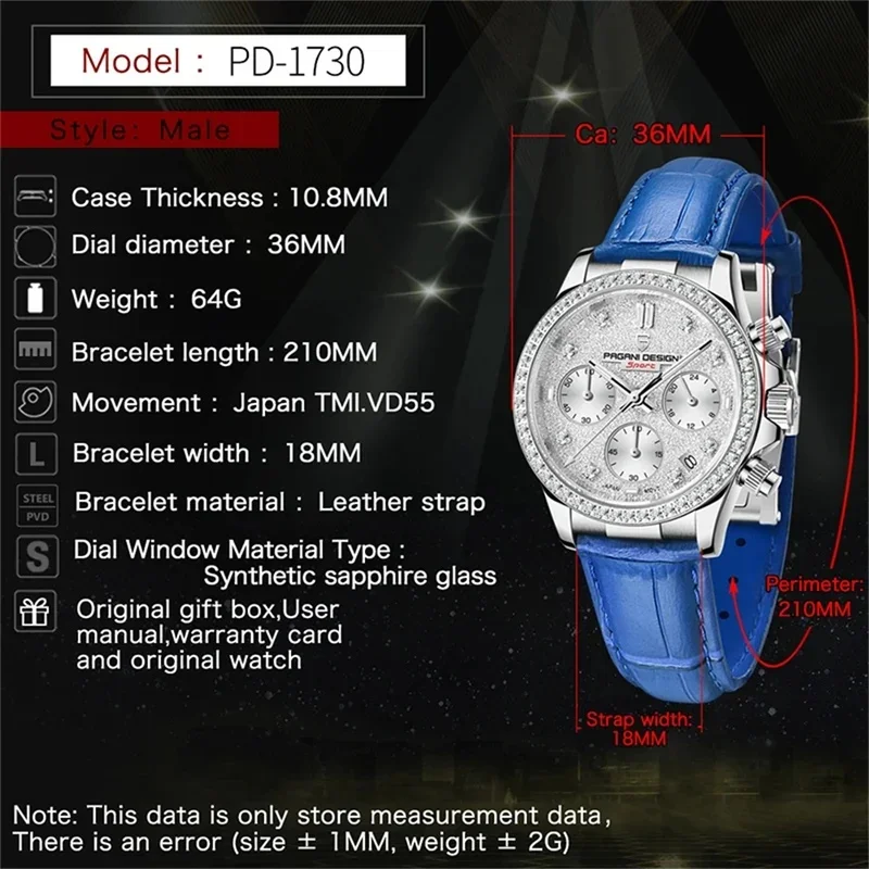 PD-1730 Women 36MM Classic Quartz Watch Japan TMI Movement Sapphire 100M Waterproof Ladies Dress Watch Reloj Mujer view 3