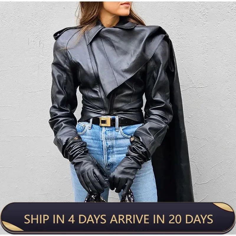 Fashionable 2024 Spring Women's Leather Jacket Personalized Street Imitation Leather Collar Long Sleeve Short Leather Coat Top