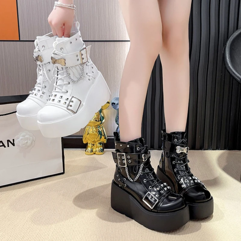 

2026 Autumn Winter Black Gothic Platform Boots Women Shoes White Punk Rivets Chain Buckle Belt Wedge High Heels Ankle Booties