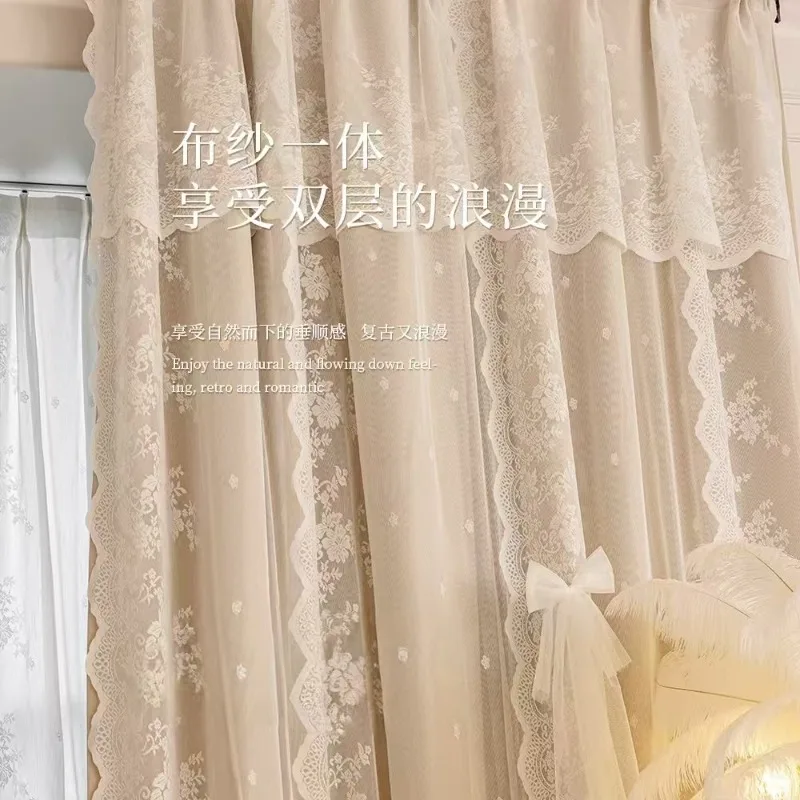 French Romantic Luxury Double-Layer Curtains for Living Dining Room Bedroom Thickened Blackout Retro Lace Cream Custom Size
