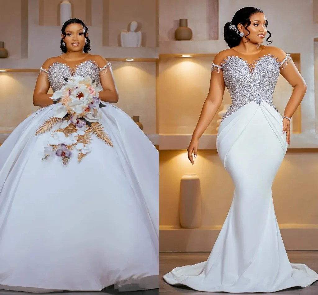 

Plus Size Wedding Dress For Bride Detachable Train Mermaid Ball Gown Sheer Neck Short Sleeves Bead Bridal Gowns Vestido De Noiva
