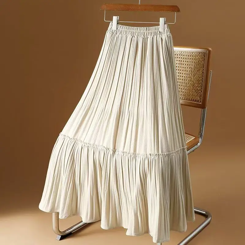 

Autumn Winter Velvet Pleated Skirt Women Casual Retro Patchwork A-line Party Midi Long Skirt