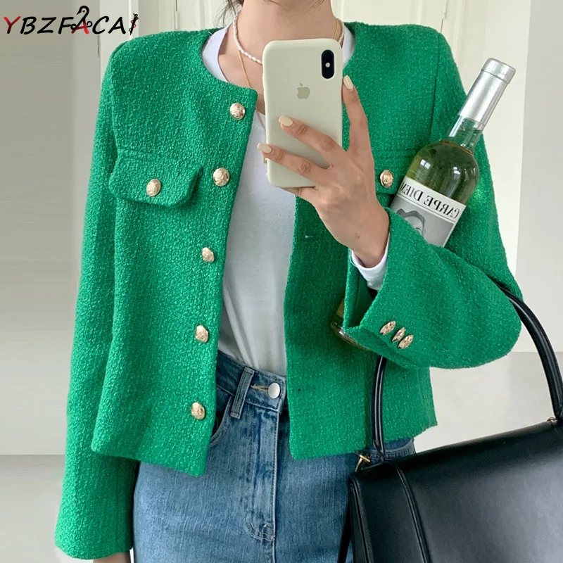 2023 Luxury Jacket White Women\'s Spring Blue Tweed Jacket Green Tweed Jacket Black Short Coat Metal Single Breasted Cropped Top