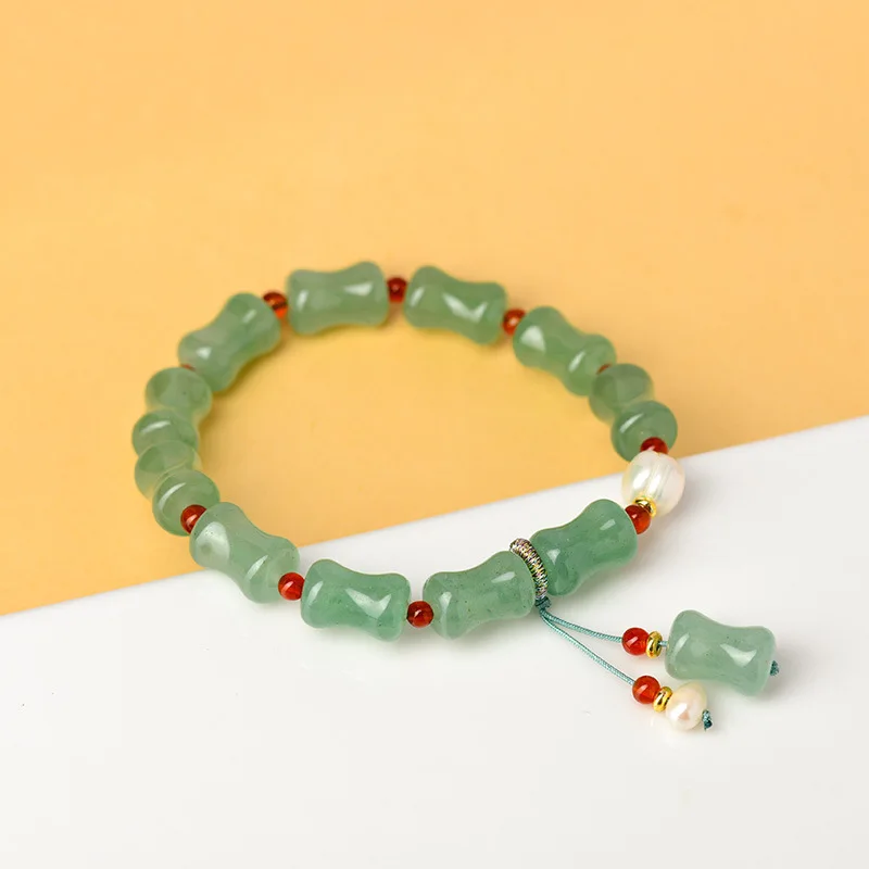 Natural Green Dongling Jade Bamboo Pearl Bracelet Women's High-rise Retro Simple