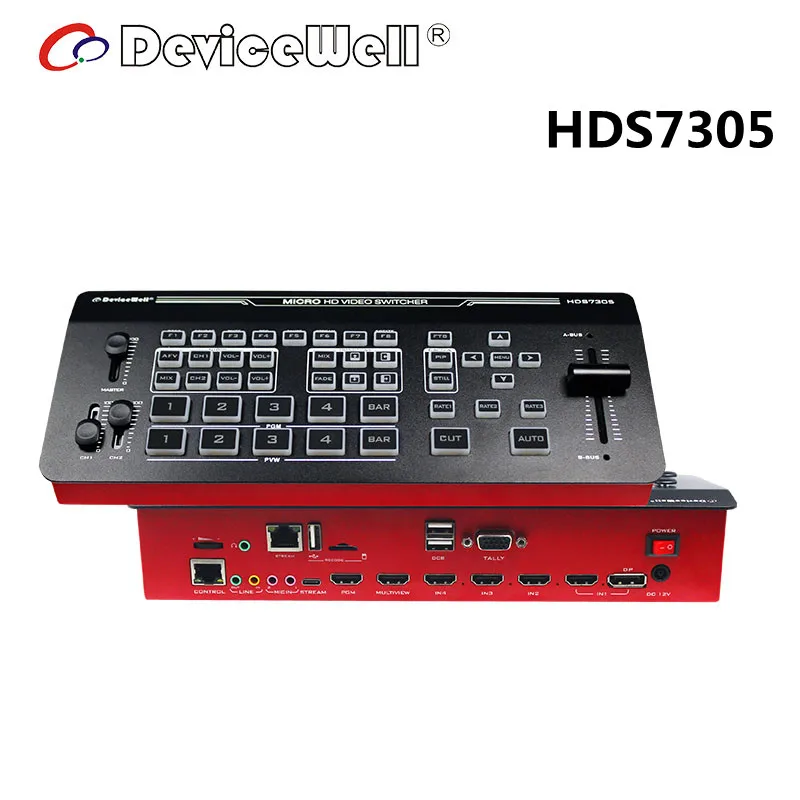 DeviceWell HDS7305 Auto Live Video Switcher 5-CH Stream Record T-bar HD Studio Equipment video mixer SD card & USB pk hds7105