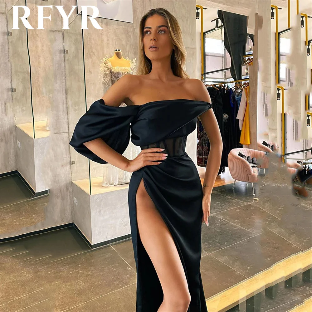 RFYR Sexy Black Prom Dresses Off the Shoulder robes de soirée Stain Trumpet Party Dresses With High Split Wedding Darty Dress