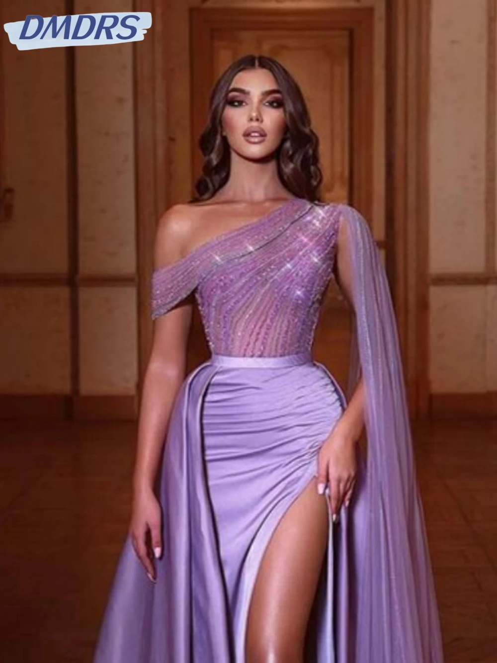 Sexy One Shoulder Prom Dress Shiny Sequins Beads Cocktail Gown Graceful Purple Satin Evening Dresses Customized Robe De Mariée