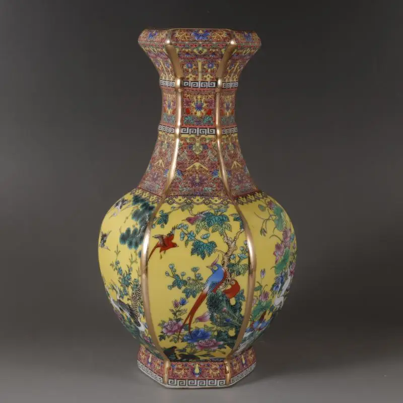 

Qianlong Enamel Hexagon Vase Gold Flowers And Birds Chinese Classical Home Furnishing Vase Antique Ornaments