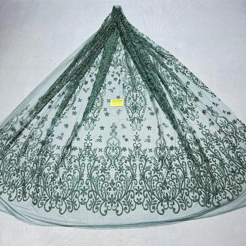 

5 Yards Dark Green Patterned Wedding Dress Fabric with Mesh Gold Spray Lace 150cm Wedding Party Spray gold Tull fabric