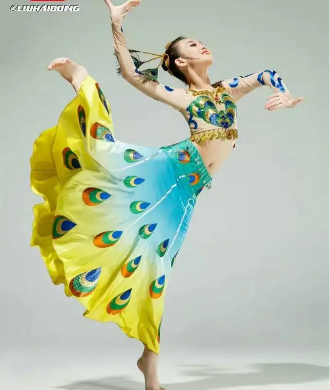 Women Chinese  Dai Dance Costumes Minority Stage Tail Peacock Dress Classical Ethnic