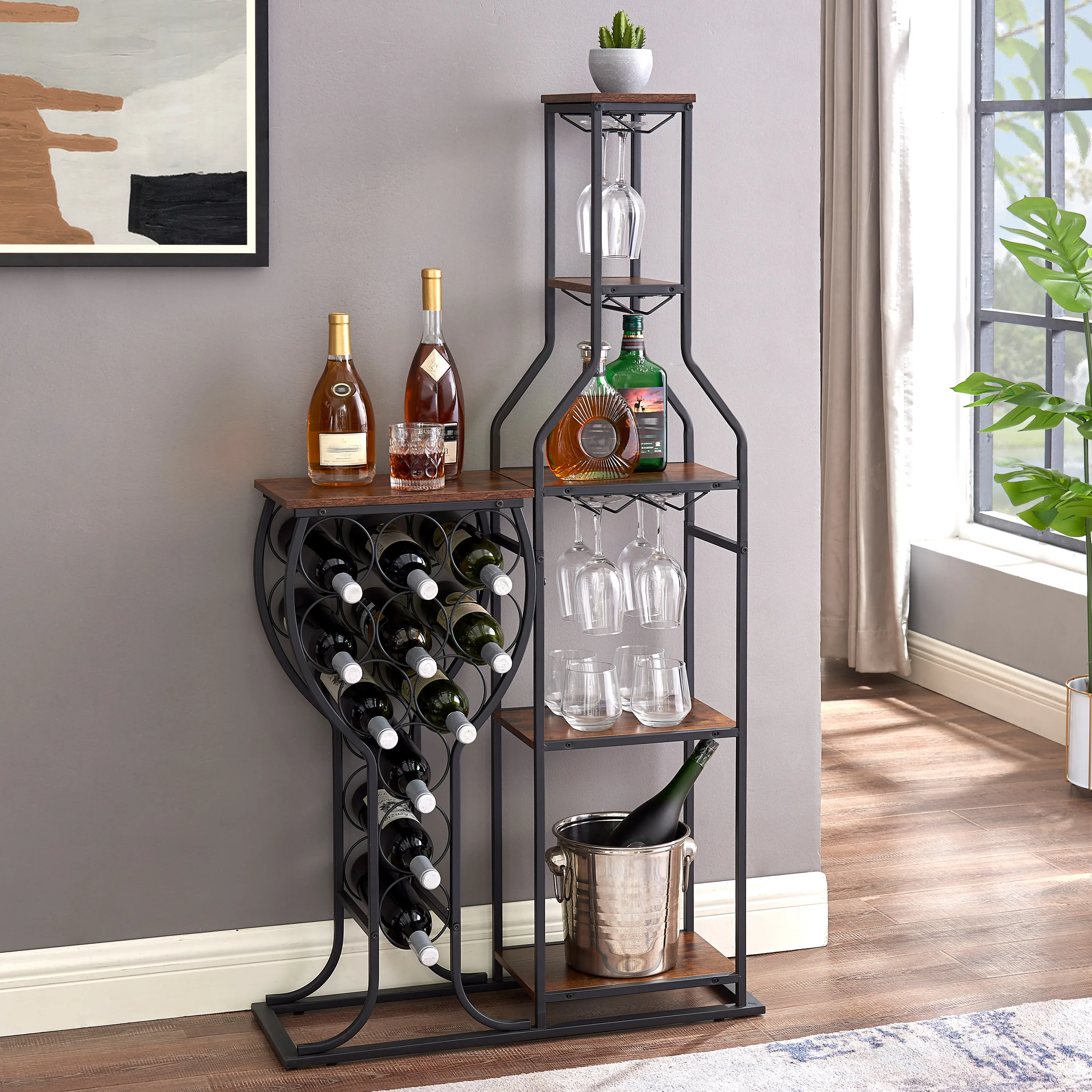 11 Bottle Wine Bakers Rack, 5 Tier Freestanding Wine Rack Hanging Wine Glass Holder and Storage Shelves for Kitchen, Dining Room