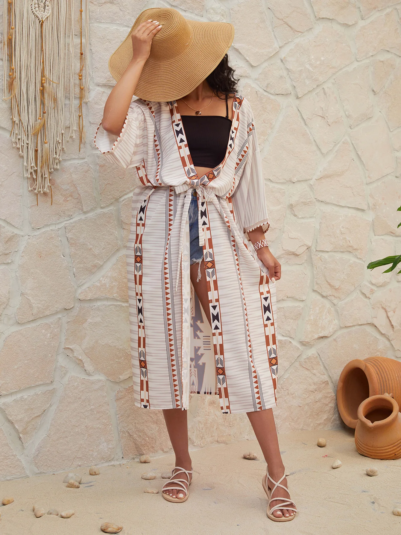 2024 Summer Bikini Cover Ups For Women Printed Kaftan Beach Dress Over Size Sun Protection Kimono Robe Playa Open Front Long