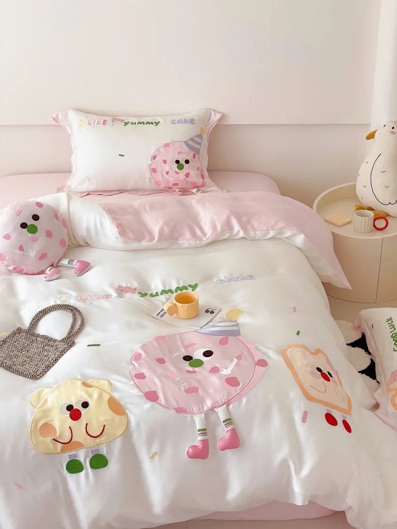 Girl's Heart Cookie Embroidery Double-sided 80 Tencel Four-piece Set Ice Silk Quilt Cover Sheet Silky Sleeping Naked